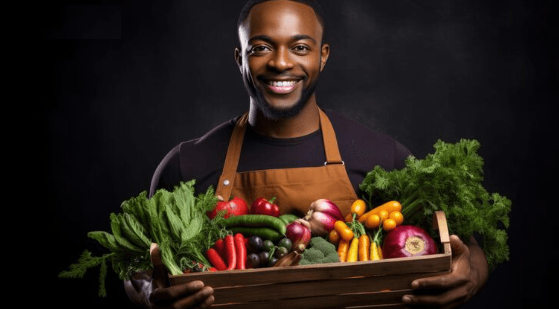 Producteur agricole avec panier de légumes frais — DAKENAYOP GROUP