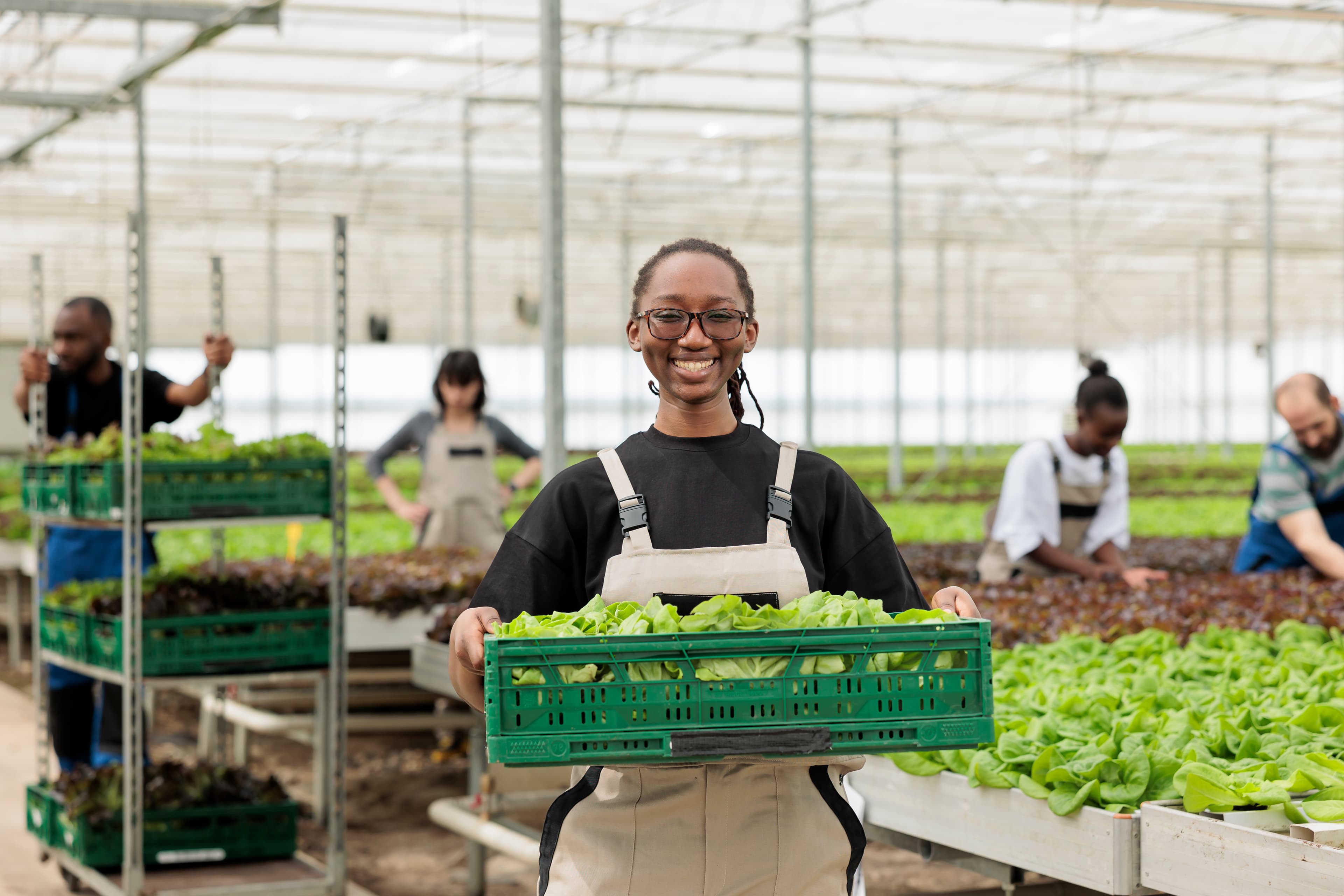 Serre moderne et récolte de légumes frais — Dakenayop Ferme & Panier Market